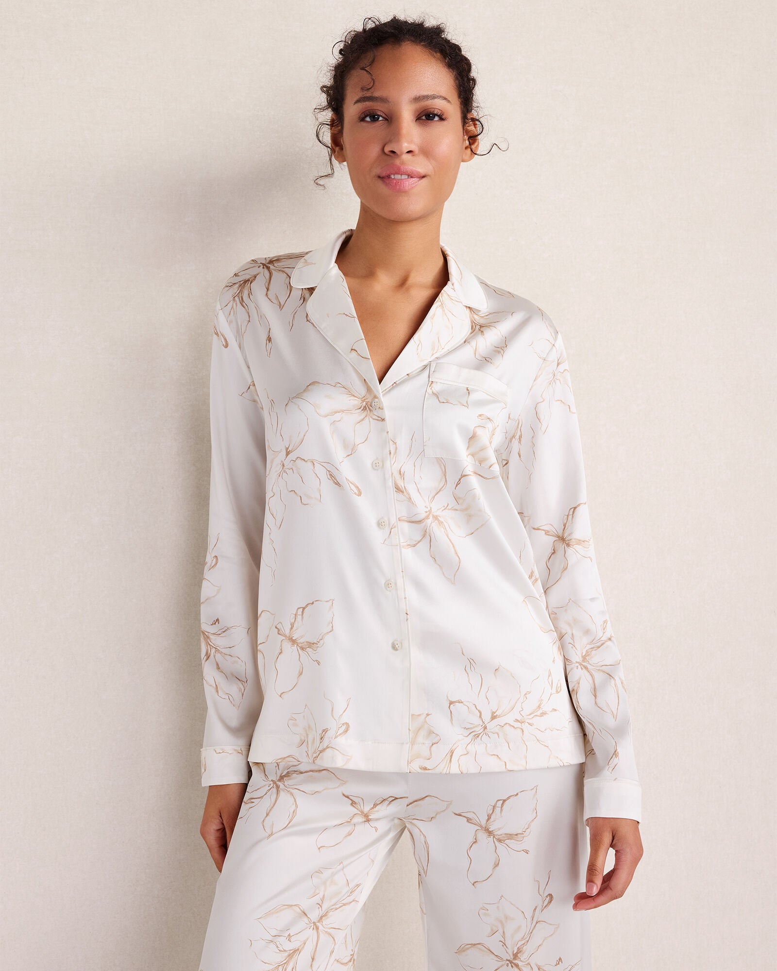 HAVEN Washable Silk Floral Notch Collar Pajama Top