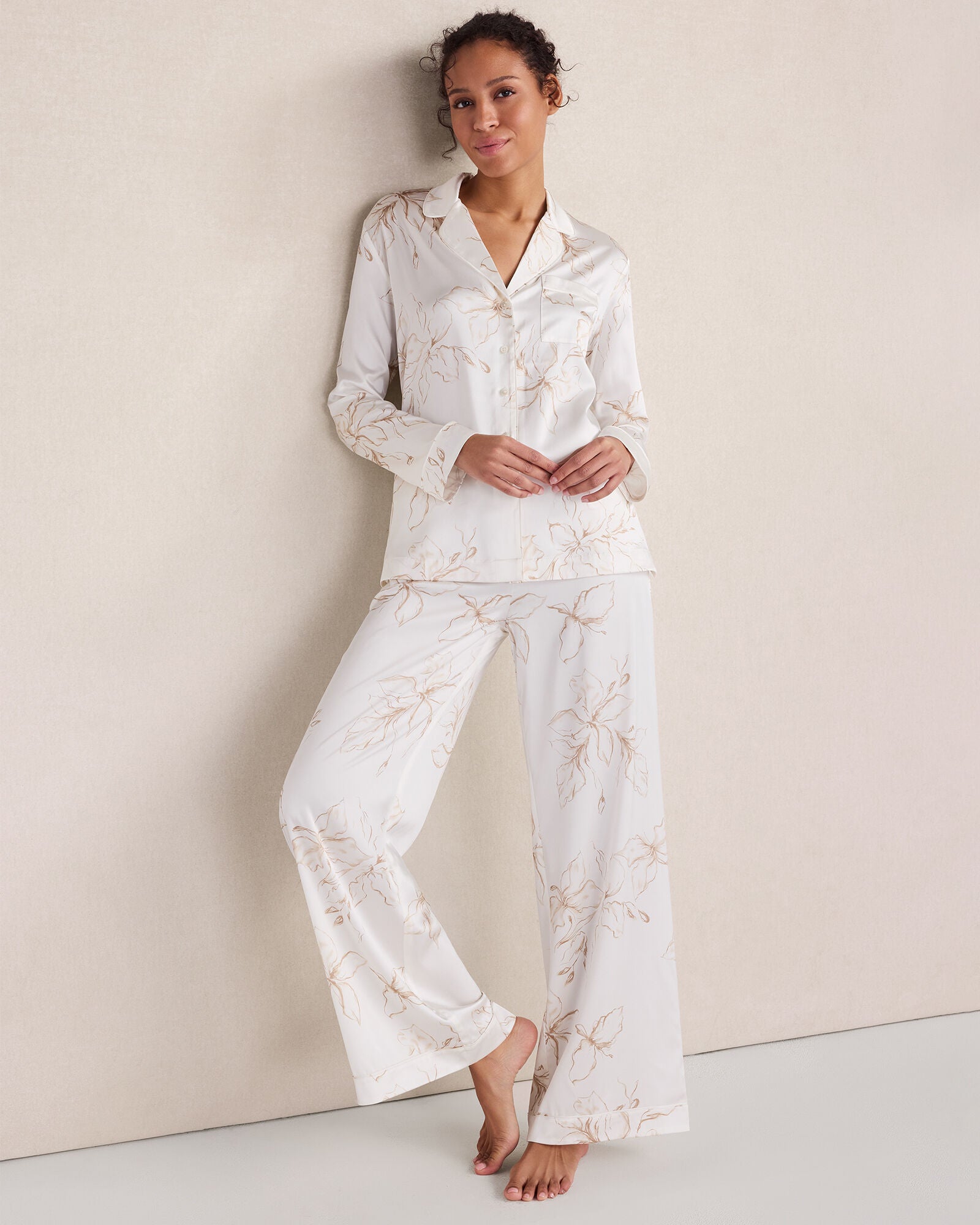 HAVEN Washable Silk Floral Notch Collar Pajama Top