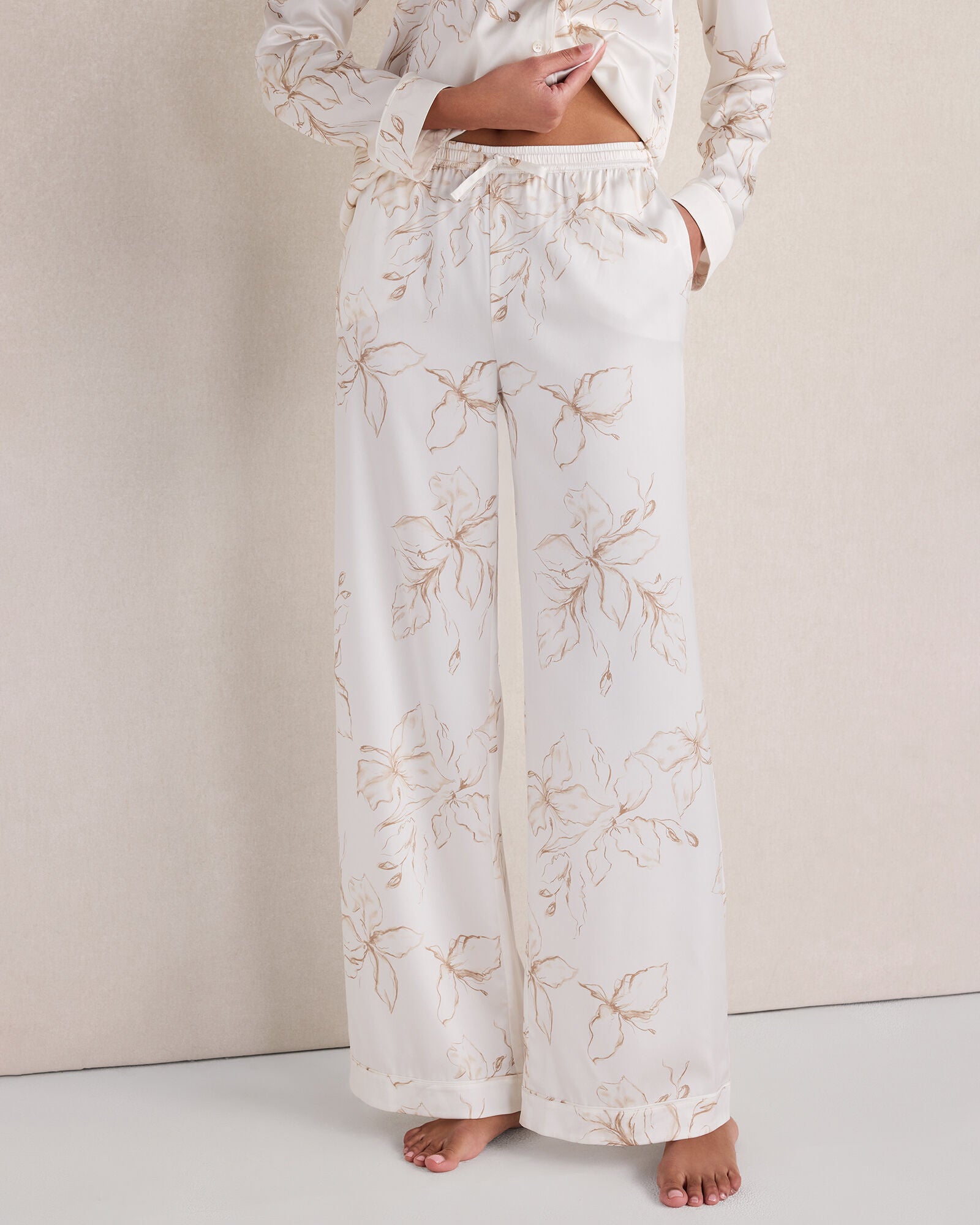 HAVEN Washable Silk Floral Pajama Pants Relaxed Fit Drawstring Waist