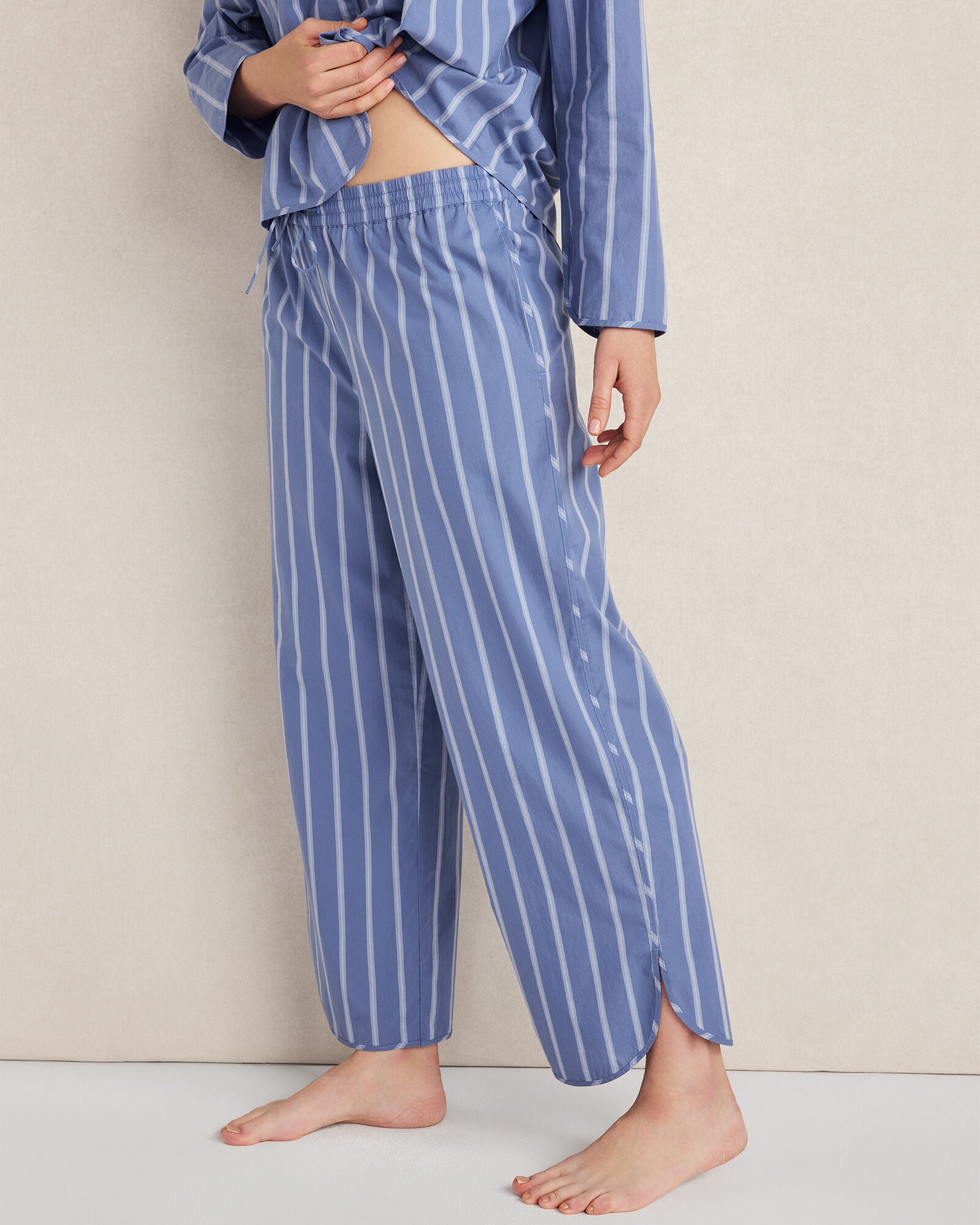 HAVEN Organic Cotton Poplin Pinstripe Pajama Pants Relaxed Fit Drawstring Waist